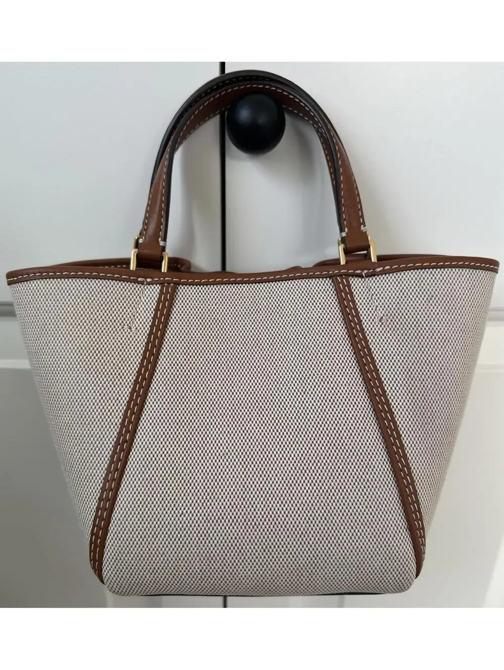 Tory Burch McGraw Mini Canvas Drawstring Satchel Crossbody Bag Natural Brown